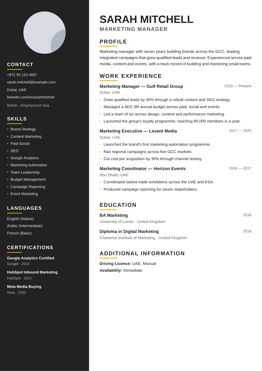 Full preview of the Bold Yellow CV template