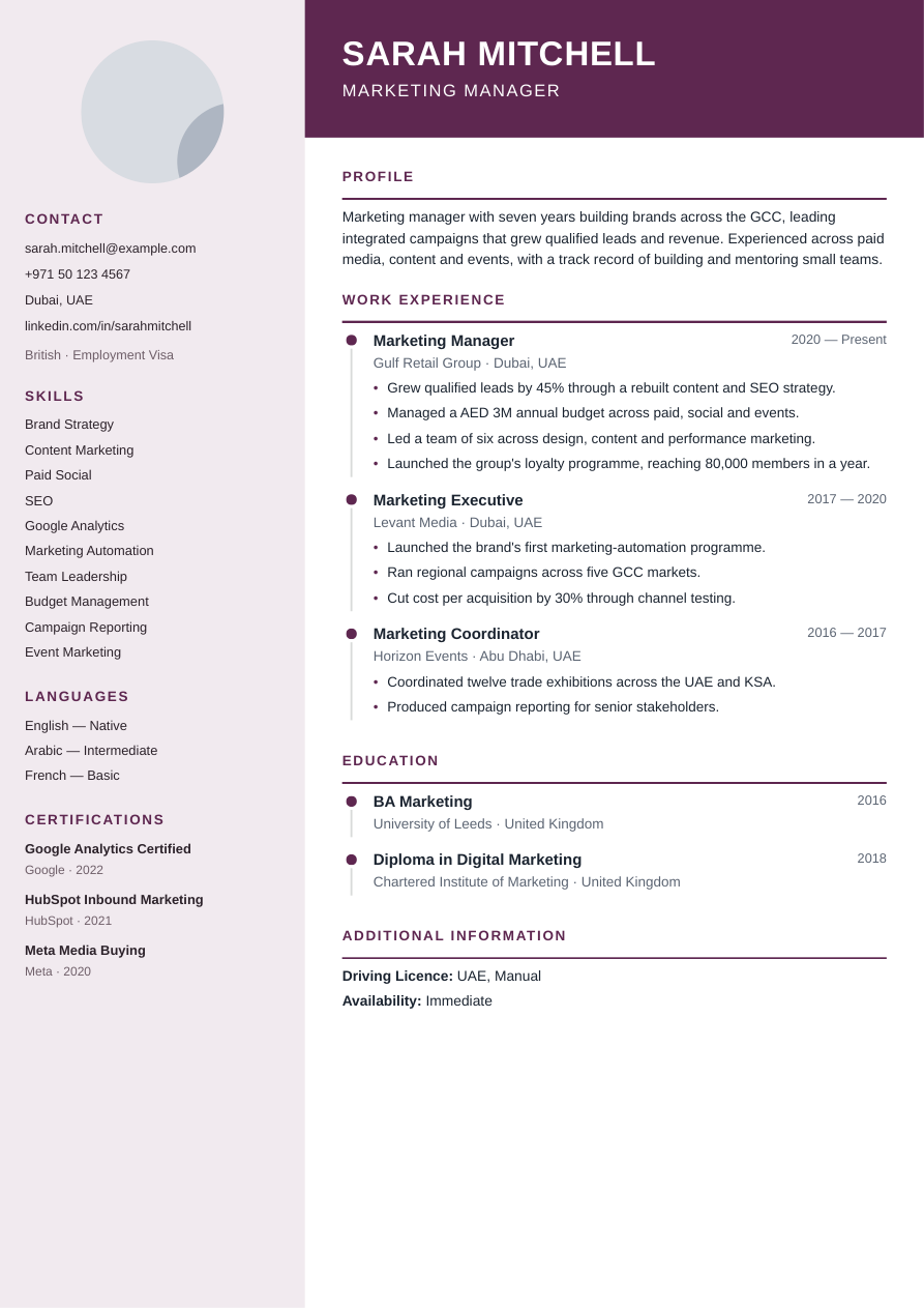 Full preview of the Plum Graduate CV template