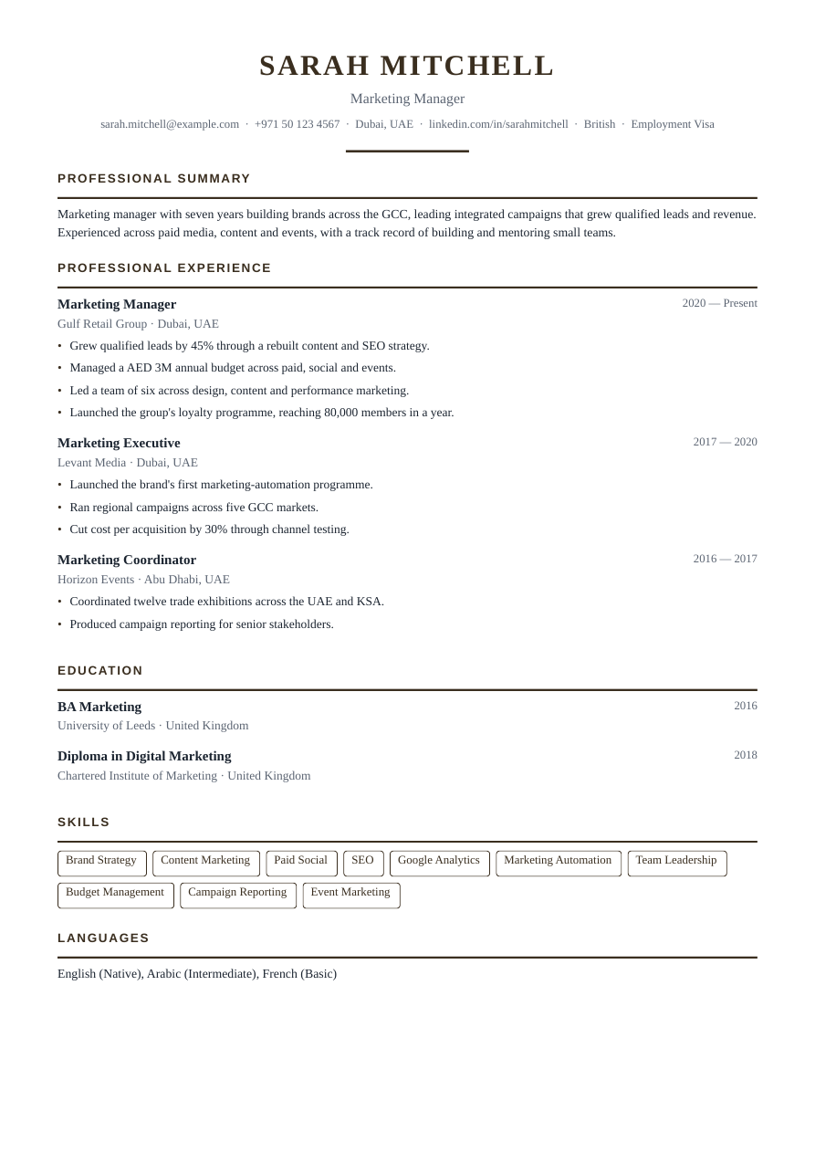 Executive Serif CV template, recommended for HR Manager roles