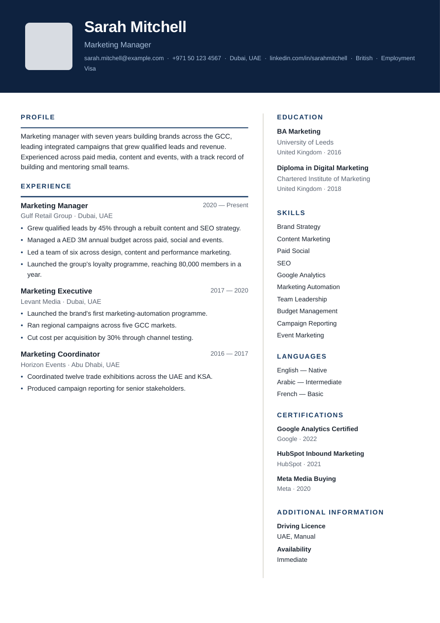 Modern Corporate CV template, recommended for Marketing Manager roles